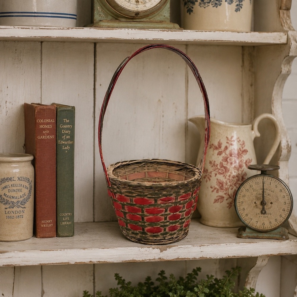 Vintage Woven Wicker Basket Red Green Small Round Handle Farmhouse Decor 10x5.5‎